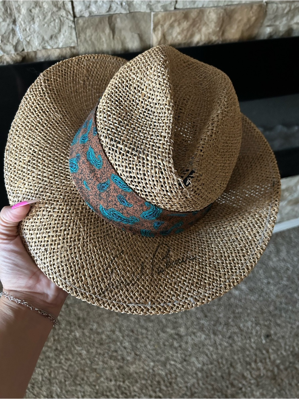 Signed Arnold Palmer Vintage Duckster Straw Fedora Hat Turquoise Paisley Band